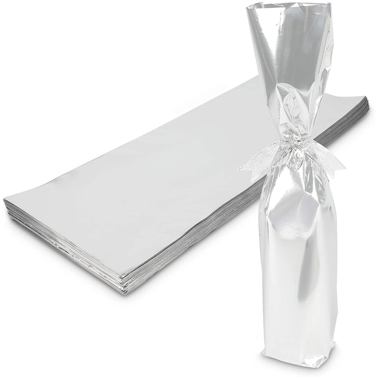 Silver Foil Wine Bottle Gift Bags, Metallic Wraps (6.25 x 17.5 in, 100 Pack)